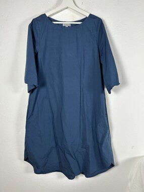 COS Womens Blue Cotton Relaxed-Fit 3/4 Sleeve Shift Dress Size 10 Pockets Casual